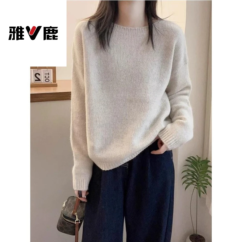雅鹿优选毛衣女新款2025春秋圆领针织衫大码上衣宽松慵懒风薄款内