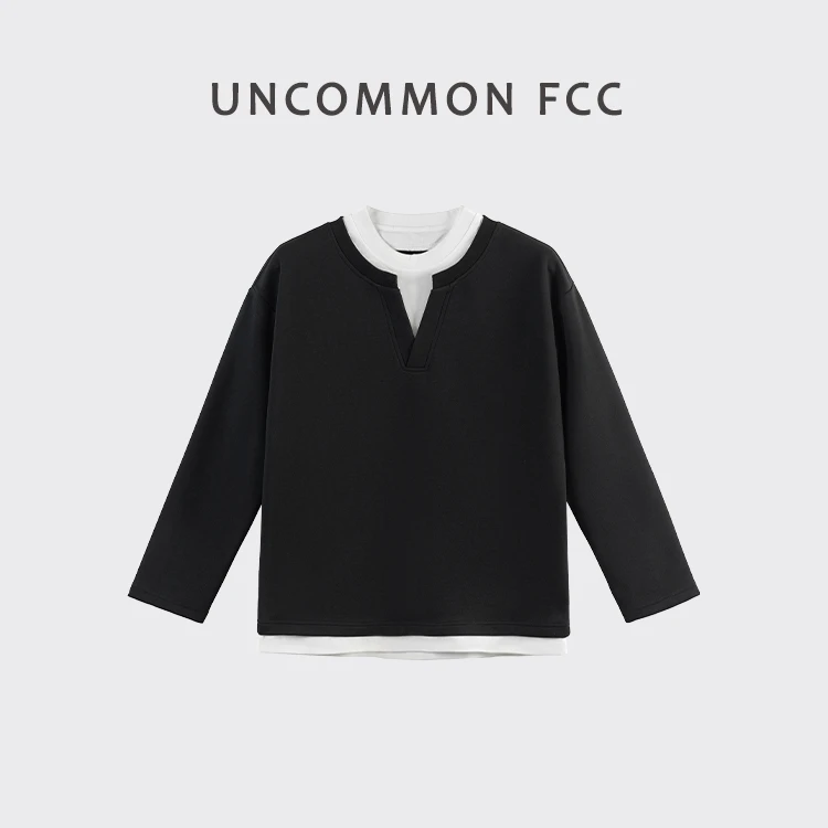 FCC【2025新款V领假两件】春款简约时尚百搭套头卫衣男宽松休闲长袖