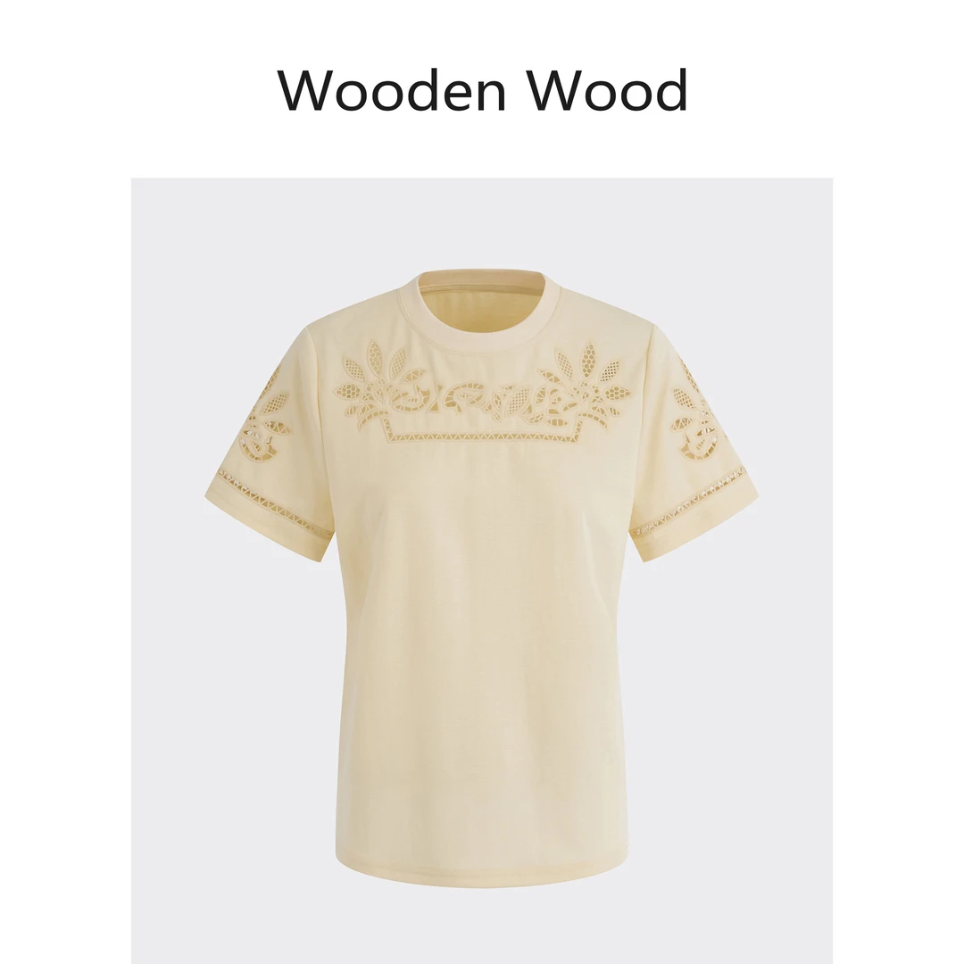 Wooden Wood“南谷风”小众设计圆领镂空刺绣短袖T恤上衣女P25084