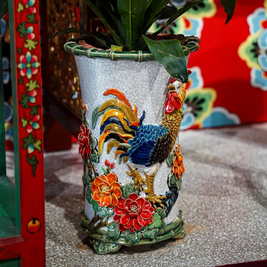 【本尼家】AM22非遗手工石湾陶《雄鸡迎春》花盆花瓶插花装饰摆件