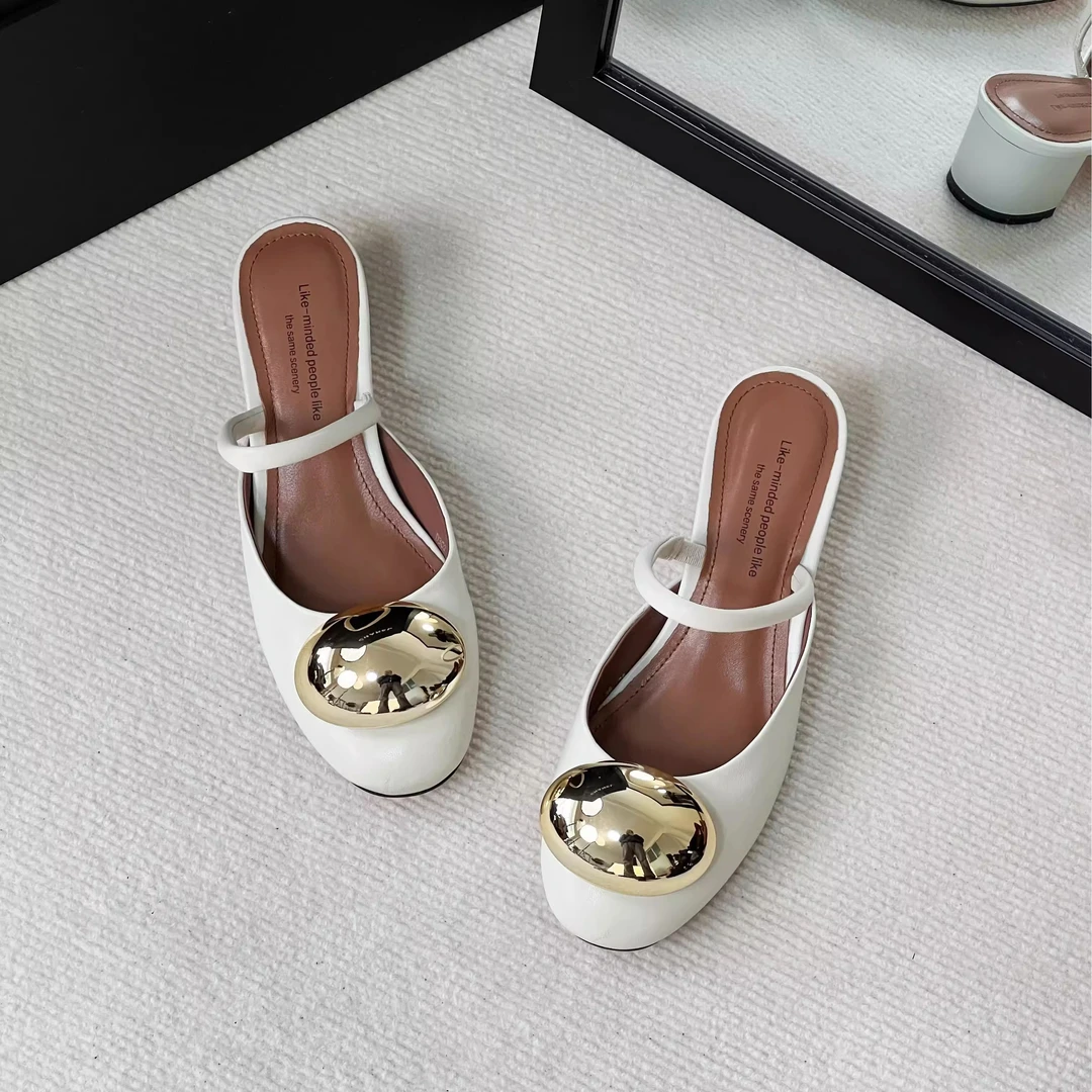 HUSSLOVE 牛皮·跟高5CM·小众大牌时装包头一字带高跟半拖凉鞋