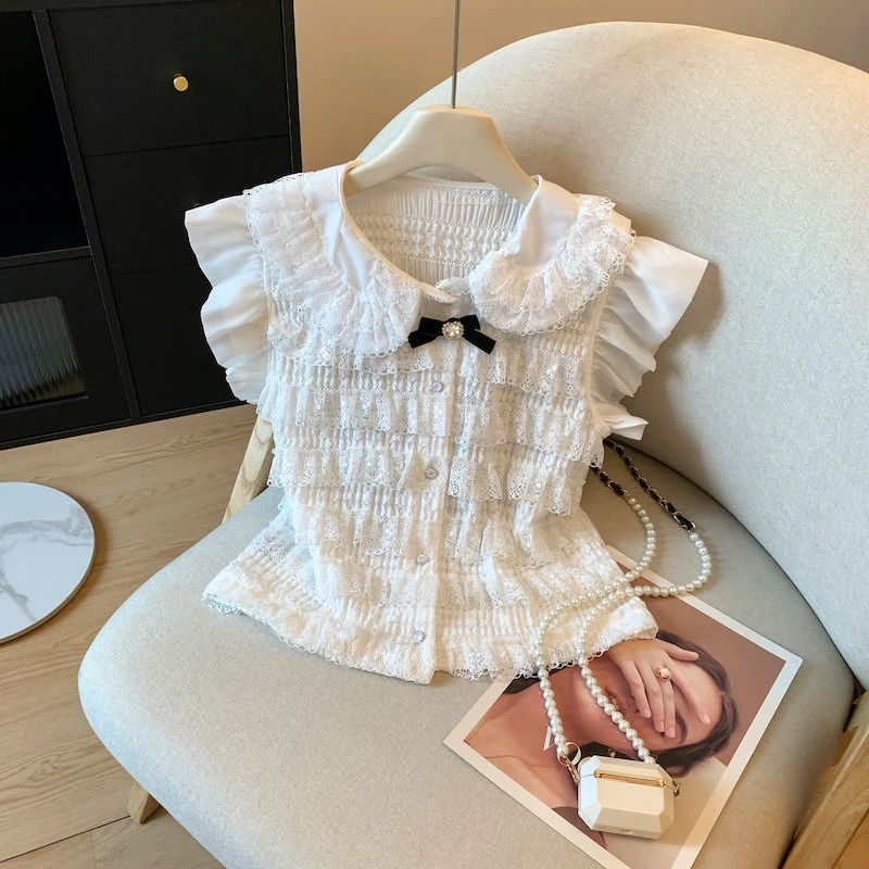 纯欲风蕾丝拼接蝴蝶结衬衫女夏季新款设计感小众修身显瘦气质上衣