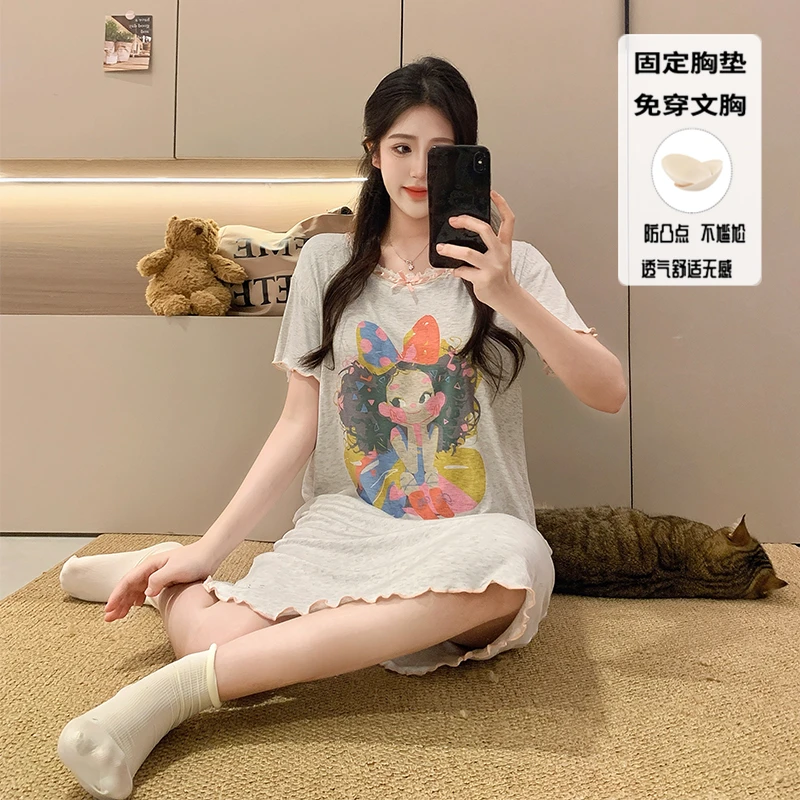 甜美少女花边短袖莫代尔睡裙女2025新款夏季带胸垫可外穿家居服