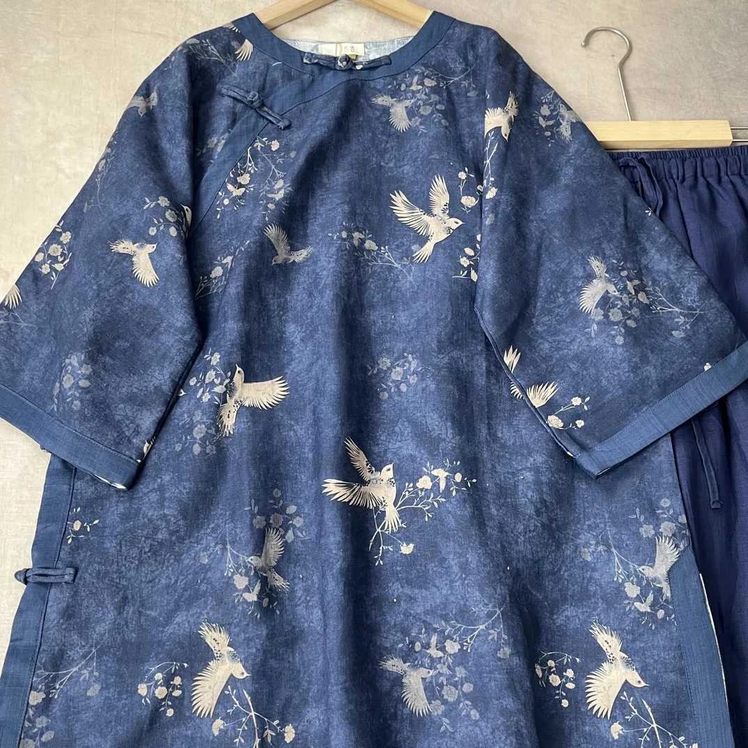 清音  秋季国风新品亚麻灰蓝仙鹤中长茶服套装