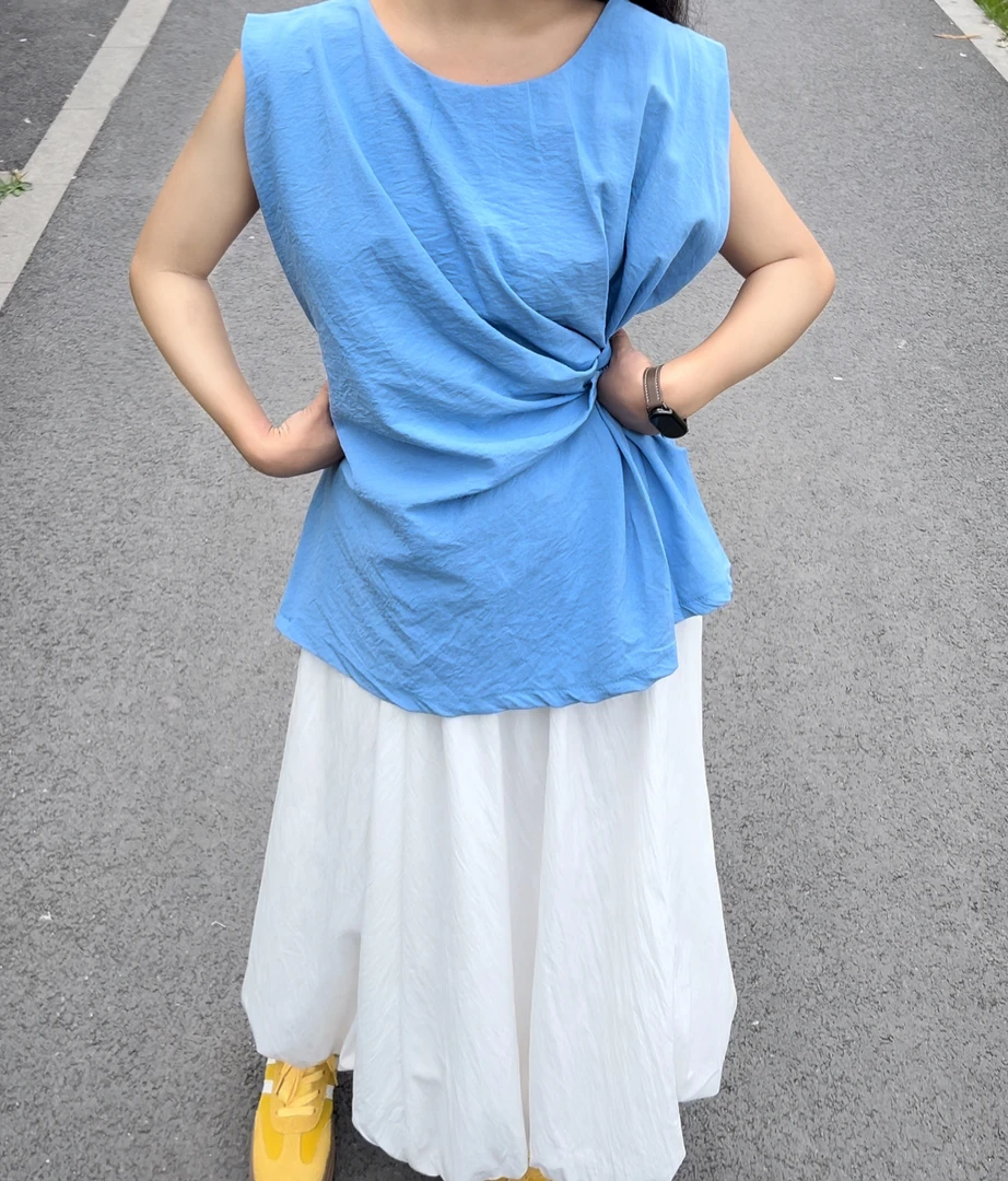 韩系褶皱显瘦套头T恤女2025夏季新款韩系设计感圆领短袖上衣