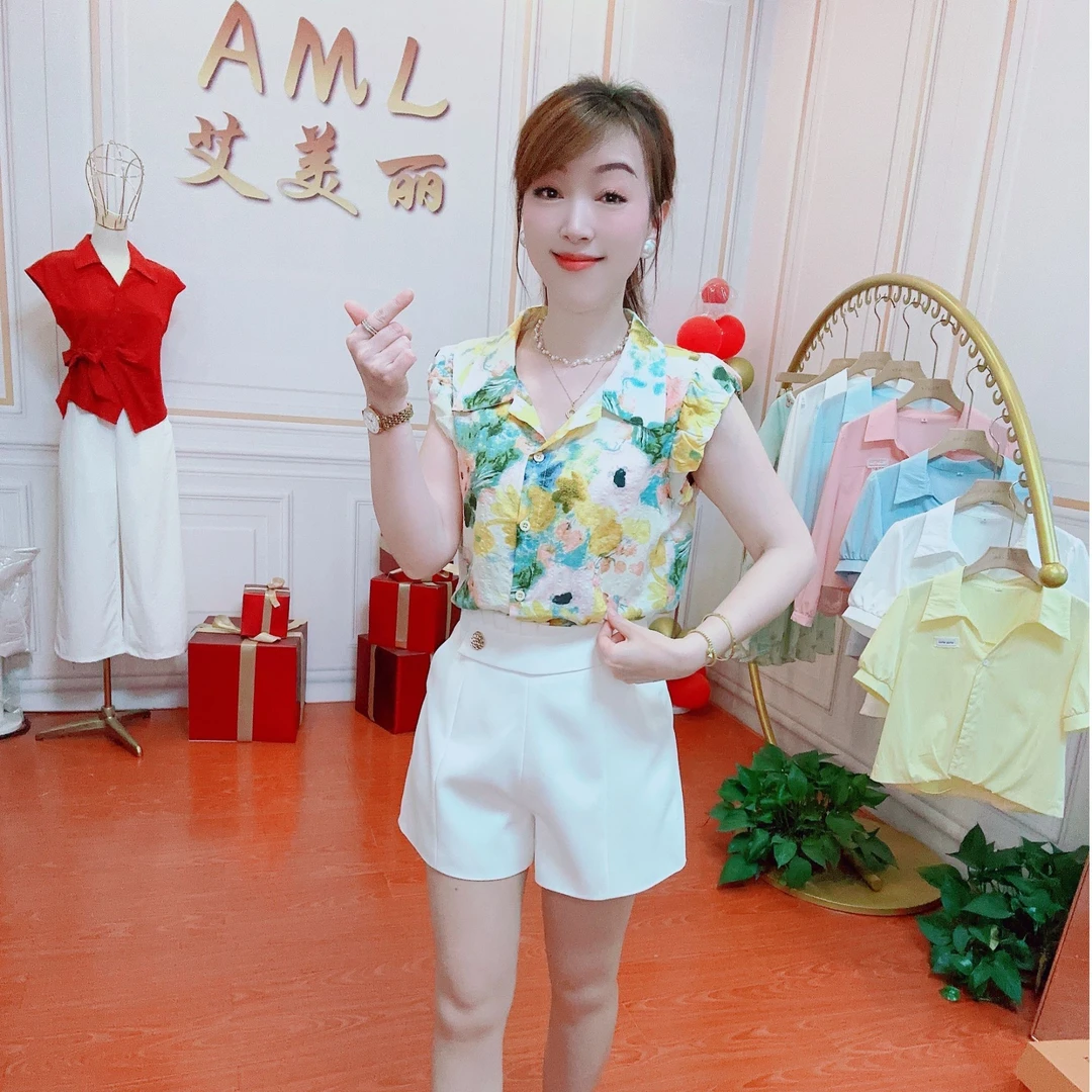 AML3 港风复古时尚碎花气质百搭遮肚显瘦高级感夏季减龄衬衫女
