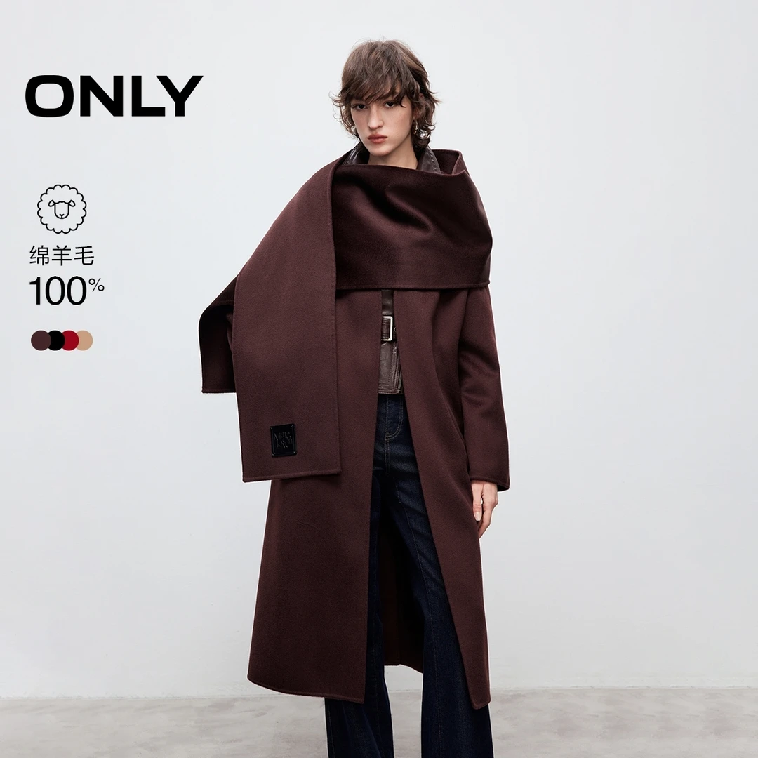 【琥珀流光】ONLY2025秋季宽松收腰腰带绵羊毛毛呢大衣女|12536U019