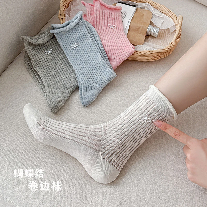 新款卷边蝴蝶结透气甜美少女棉袜韩系堆堆袜中筒袜