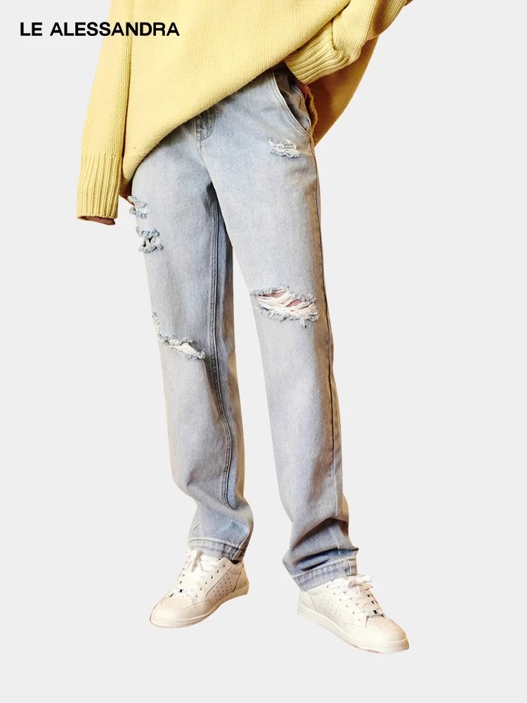 LE ALESSANDRA 蓝色水洗松紧腰破洞牛仔裤全棉收脚长裤