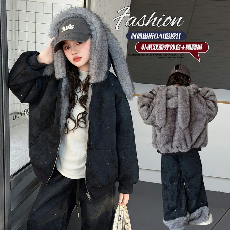 女童冬装加绒加厚连帽两面穿外套2025新毛边加绒裤两件套