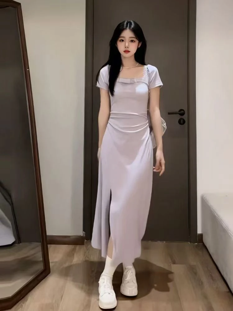连衣裙法式修身温柔长裙开叉小众方领纯色短袖夏季中长款韩版