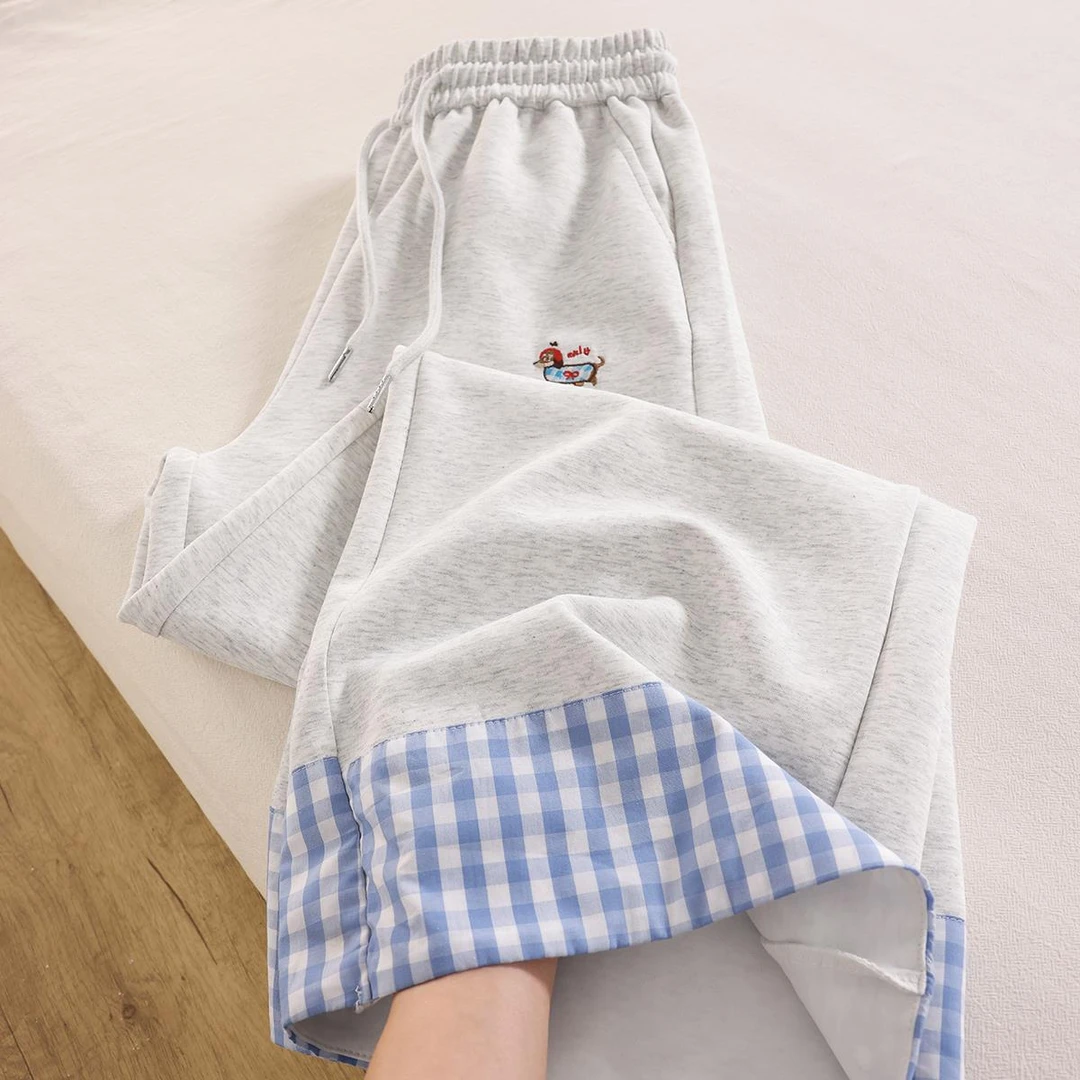 丝滑享受の神裤！高腰格子拼接休闲裤女款宽松长裤春季新品直筒裤