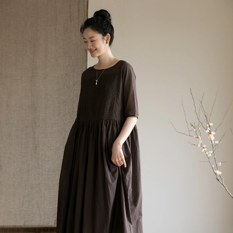 牧衣游原创100支纯棉打条连衣裙新品轻薄文艺休闲气质长裙 秦桑曲