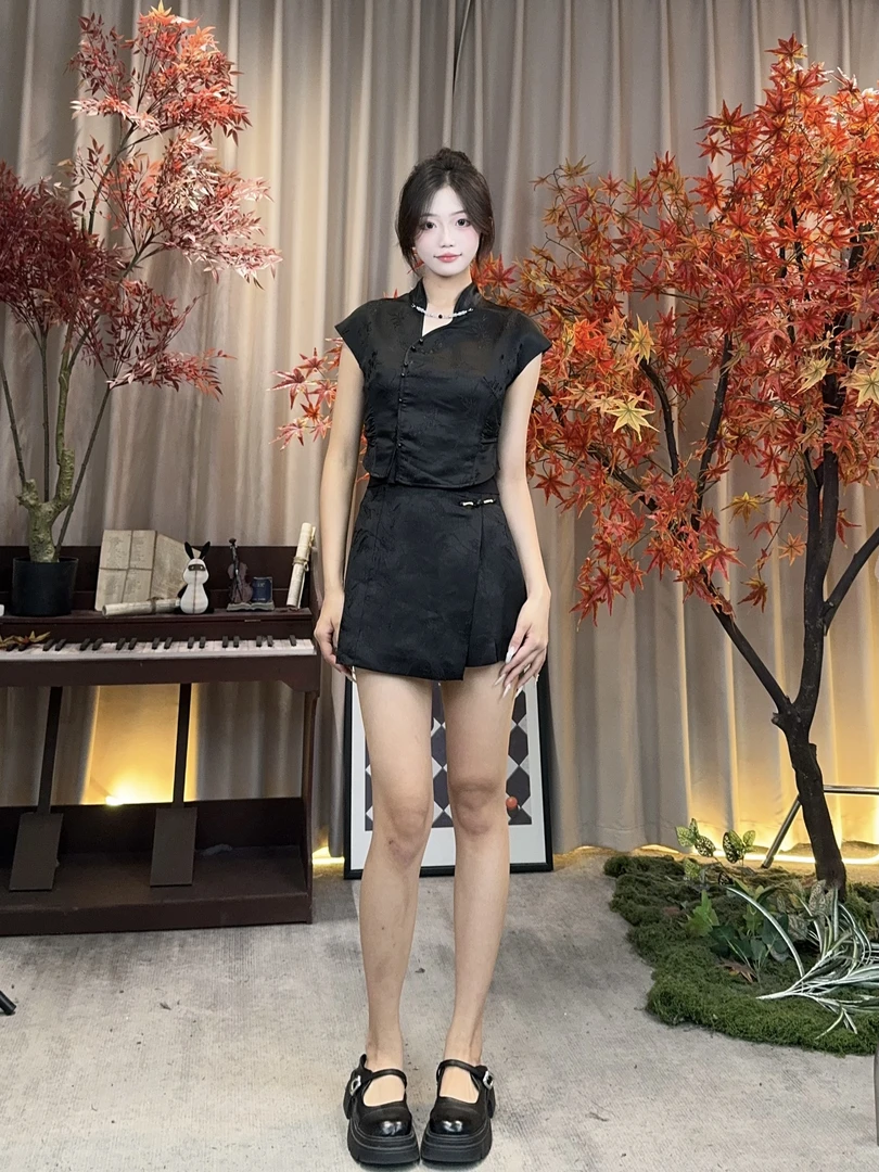 夏季新品高腰法式显瘦气质上衣BSS421169+BXQ422170