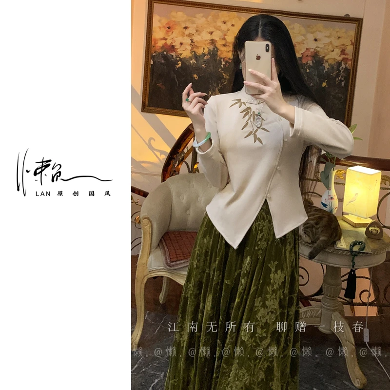 懒·江南「闲竹梦」重工刺绣～冬季双面德绒发热柔暖打底衣新中式