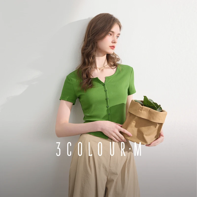 0640三彩2025夏季新款坑条T恤正肩短袖上衣短款修身套头衫多db