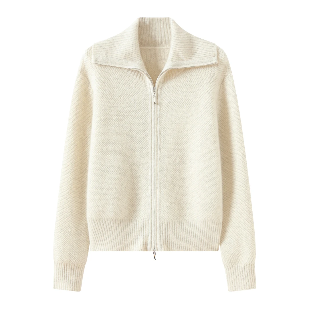 高奢纯牦牛绒珠地双拉链翻领长袖开衫针织秋冬百搭女士毛衣