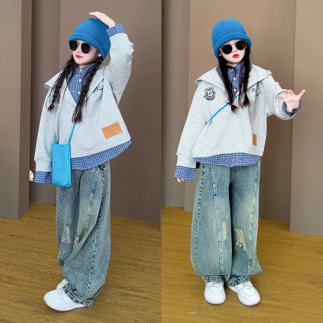 儿童2025新款韩版时尚春秋季休闲连帽假两件衬衫卫衣牛仔裤套装潮
