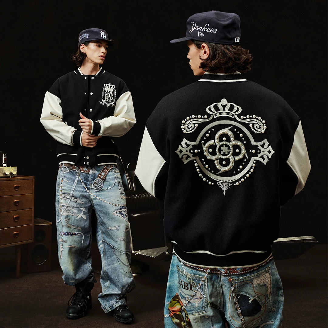 BIPOLARxYADcrew钉珠棒球服刺绣字母夹克复古宽松休闲情侣秋冬季