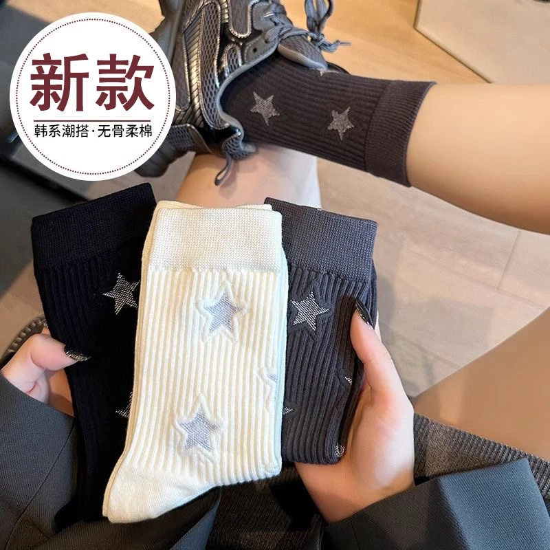烫印五角星潮袜洛丽塔袜竖条烫印满天星中筒百搭对对碰韩系女款
