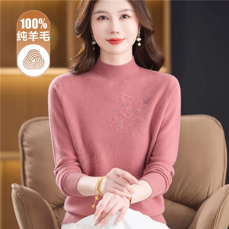 妈妈冬装100%纯羊毛衫半高领毛衣中老年人秋冬洋气绣花大码打底衫