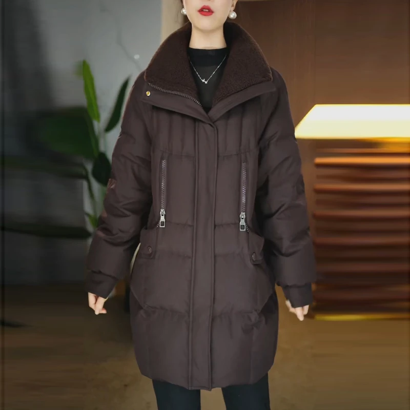 高档时尚中长款加厚羽绒服2025年冬季新款女士宽松保暖白鸭绒外套