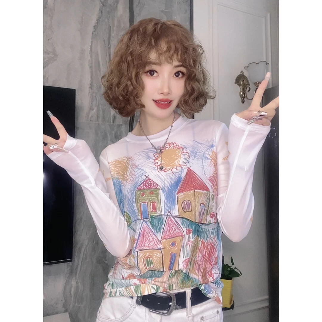 个性涂鸦网纱减龄时尚T恤薄款冰凉感夏季爆款防晒穿搭