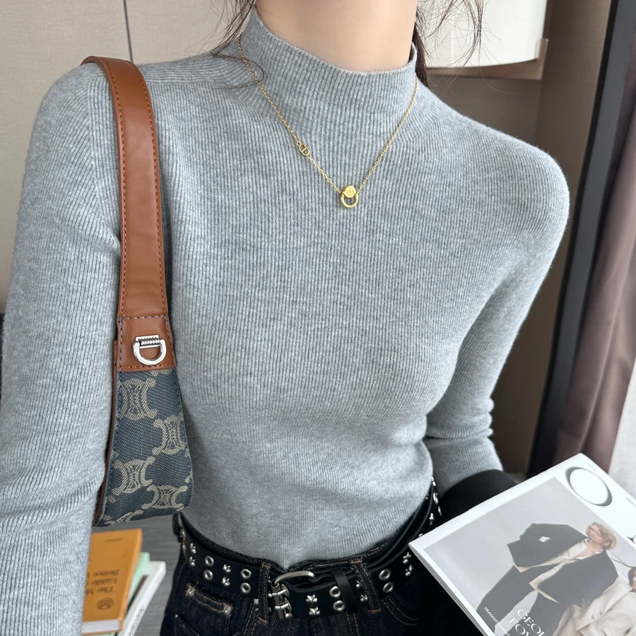 貂雀鸟新款打底衫毛针织衫上衣秋冬针织女士灰色半高领毛衣高领毛