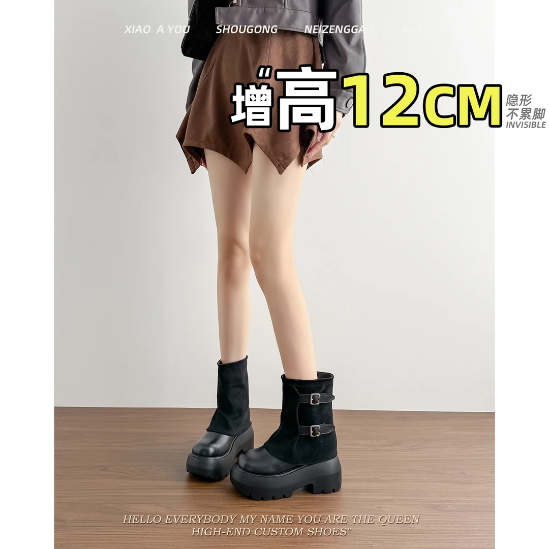 韩版厚底马丁靴女2025春秋新款英伦风中筒裤管靴配裙子堆堆短靴子