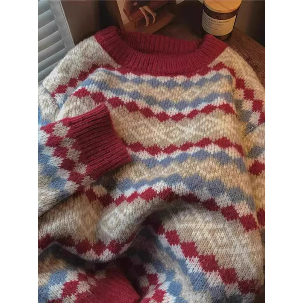 好穿到尖叫！厚实，暖和！高级感复古提花红色套头毛衣女针织衫上衣