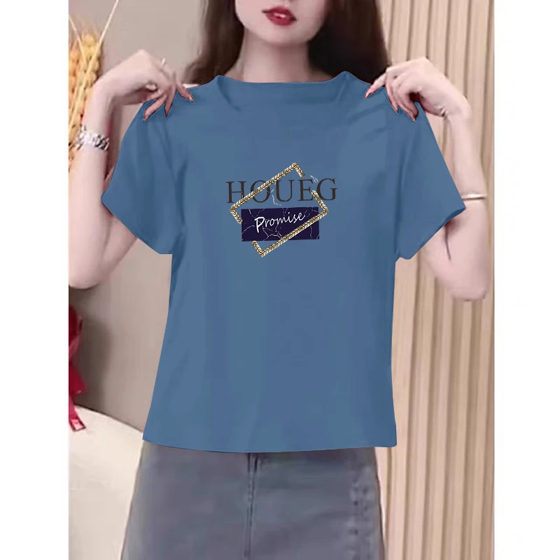 蓝色正肩显瘦短袖t恤女夏季圆领印花体恤衫修身半袖胖mm大码上衣