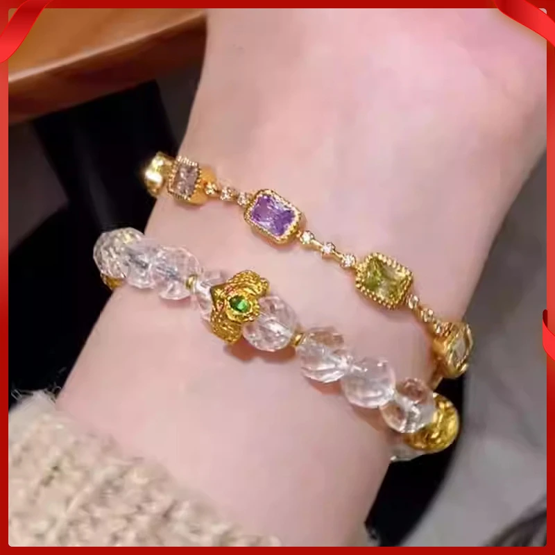 合成金属手链 彩色真电镀锆方形手链小众气质轻奢时尚感手环女士