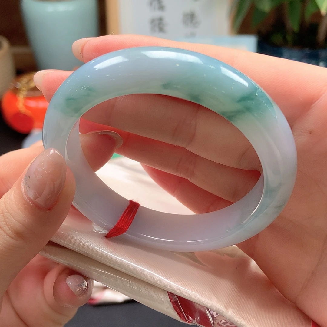 翡翠未镶嵌手镯胶润蓝花50号