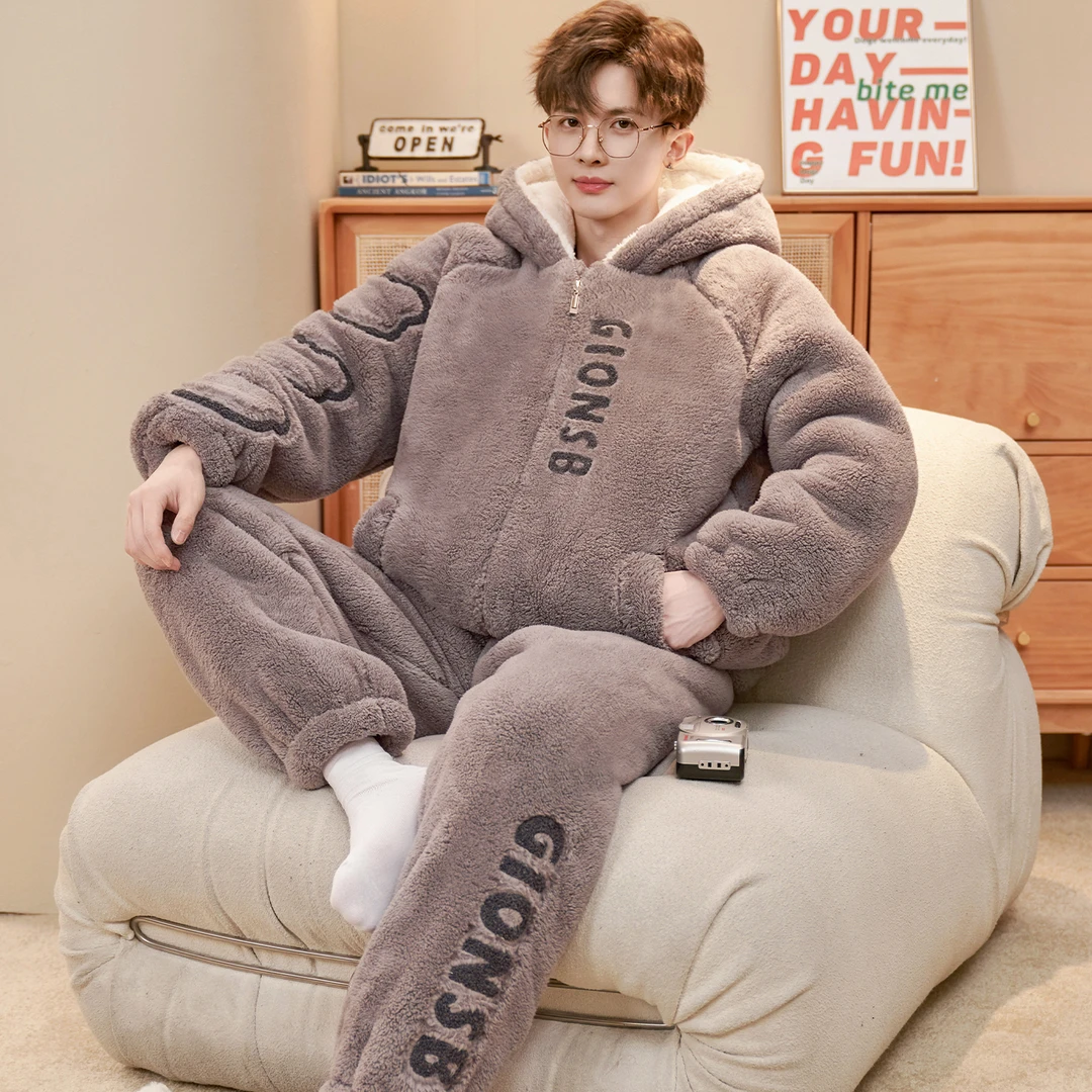睡衣男冬季珊瑚绒加厚加绒青少年初高中学生加大码秋冬家居服套装