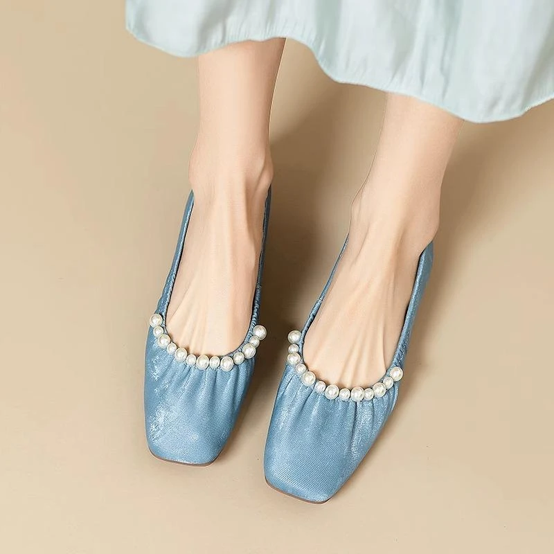 时尚甜美珍珠柔软平底芭蕾舞单鞋女2025新中式国风软底豆豆鞋女鞋