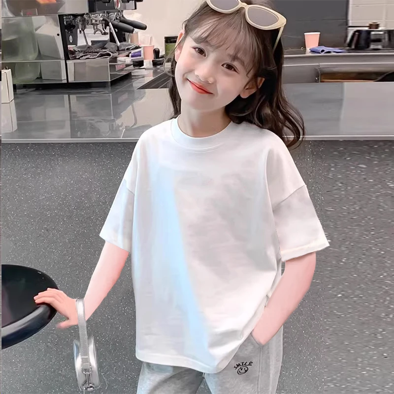 女童纯白色打底2025新款纯棉班服学生短袖T恤女中大儿童女童夏装