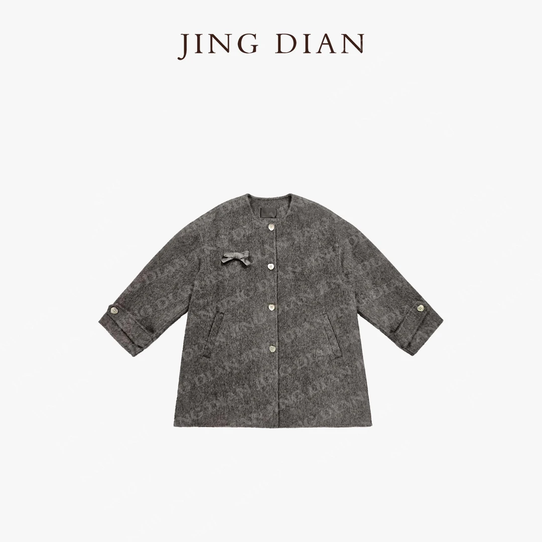 【JING DIAN】深灰色羊毛骆驼绒简约小蝴蝶结大衣2005