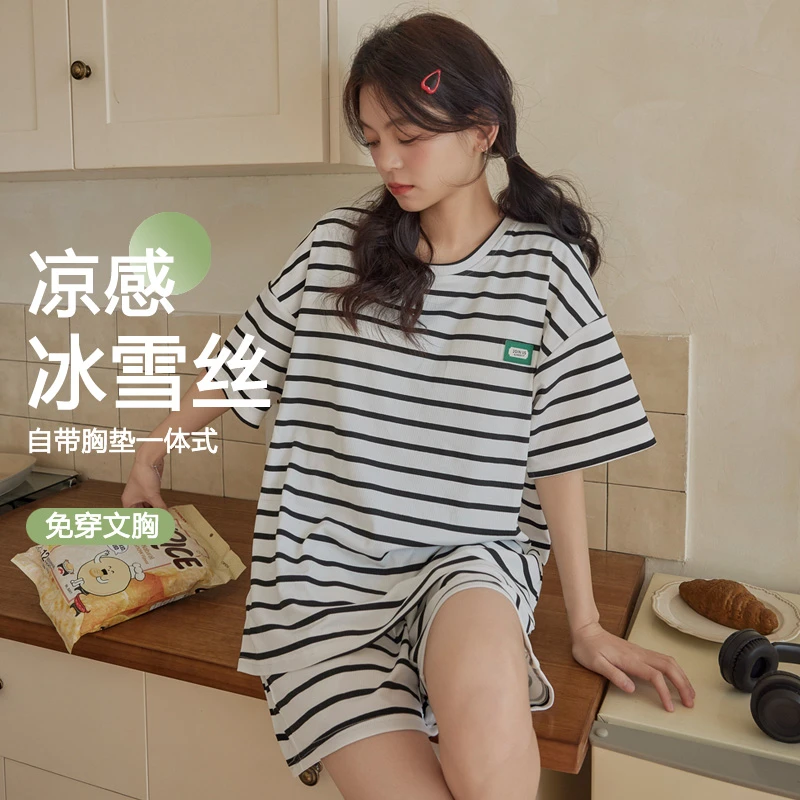 冰丝睡衣女款夏季带胸垫条纹短袖少女学生宿舍小个子韩版ins家居