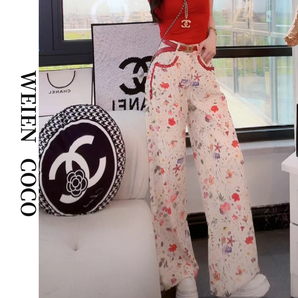 【薇恩COCO】高腰时尚潮流花花牛仔裤阔腿春季修身新款K4243
