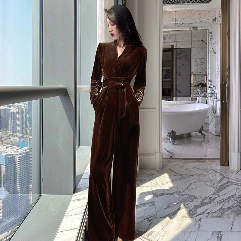 【AY】时尚设计感春秋季新款长袖气质显瘦纯色丝绒连体裤D3563