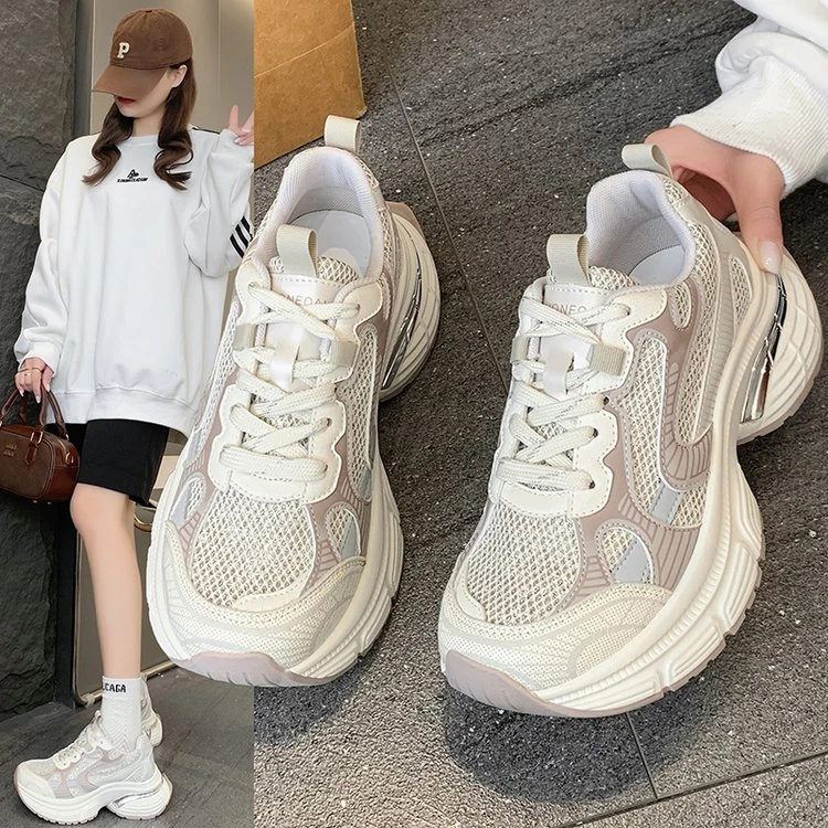 欧洲站女鞋2025春新款韩版厚底系带老爹鞋增高百搭休闲运动女跑鞋