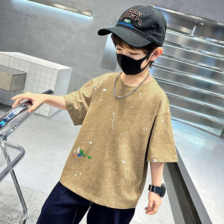 夏季男童洋气纯棉短袖新款宽松短袖字母印花潮透气圆领T恤休闲