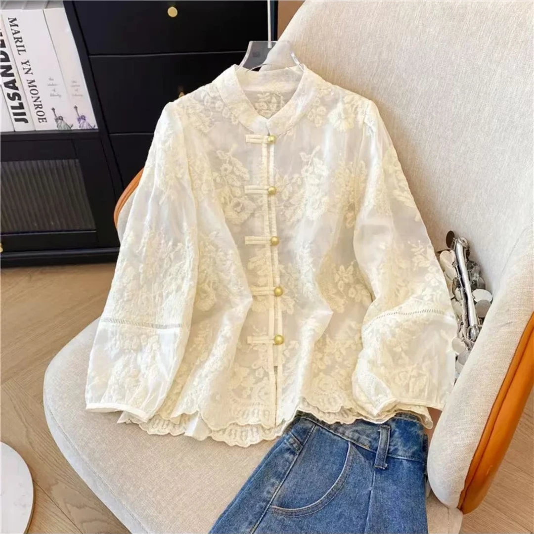 花影 新中式时尚轻奢气质休闲春秋长袖刺绣花边衬衫女百搭