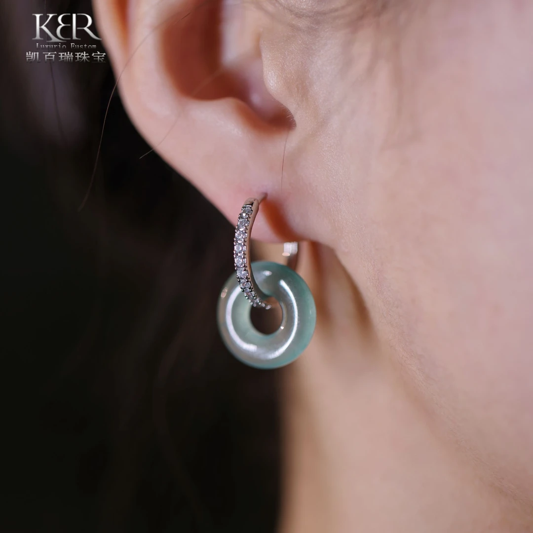 【甄选】凯百瑞天然高冰种蓝龙起光翡翠平安扣高货耳坠KBR0604001