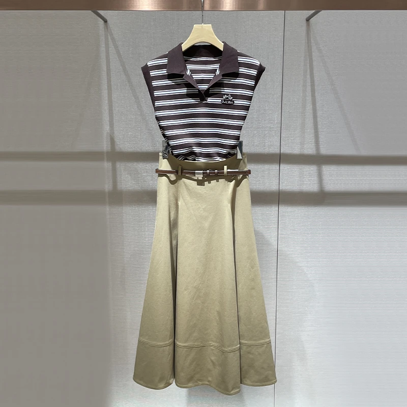 气质套装女高级感2025夏季新款miu风条纹上衣高腰A字半身裙两件套