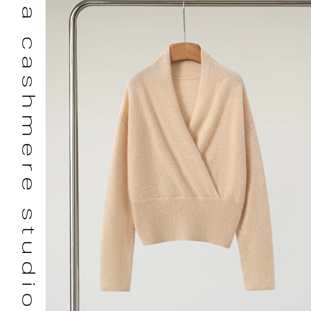 清河纯V领羊绒衫女秋冬季宽松套头毛衣交叉设计感上衣针织打底衫