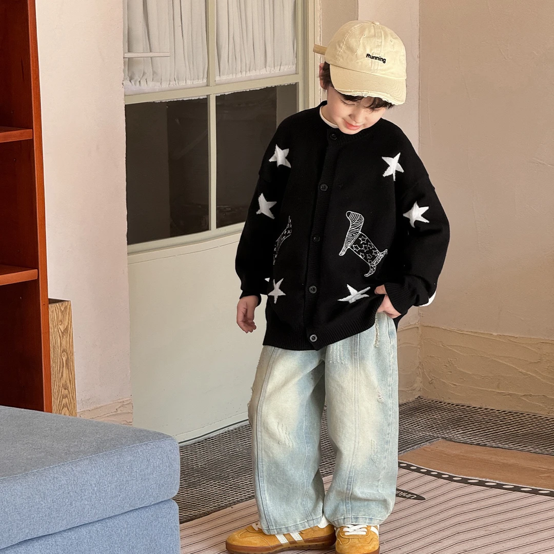 2025男童春款湖州织里童装卡通小狗星星刺绣针织开衫儿童毛衣