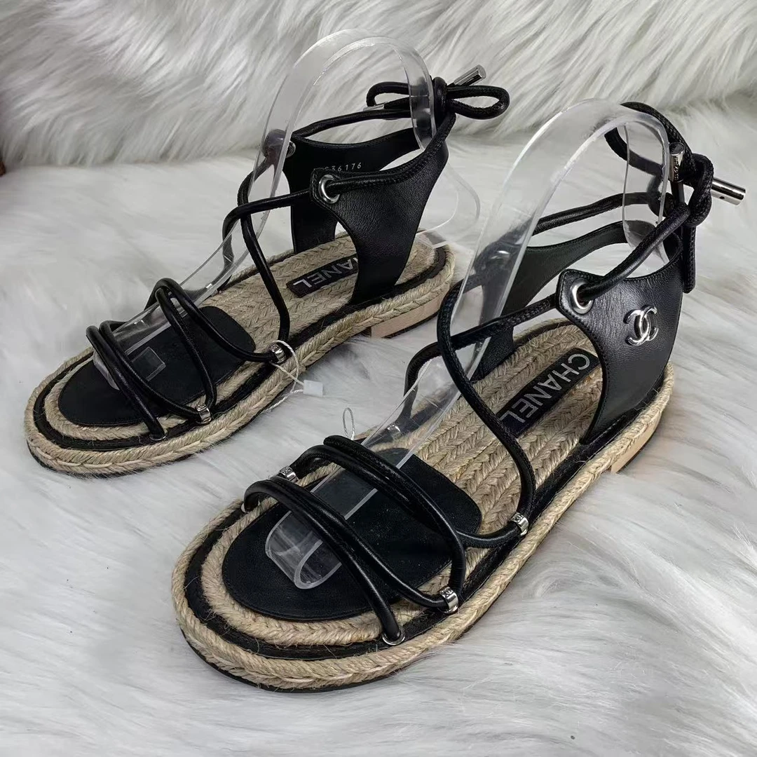 95新 Chanel/香奈儿 36码/无配件/黑色绑带草编时尚凉鞋 xxs823