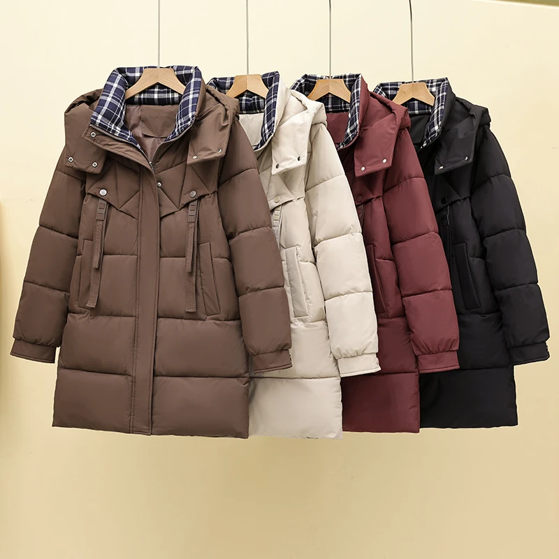2025新款冬季格子拼接中长款棉服女宽松秋冬到膝百搭可卸帽棉衣