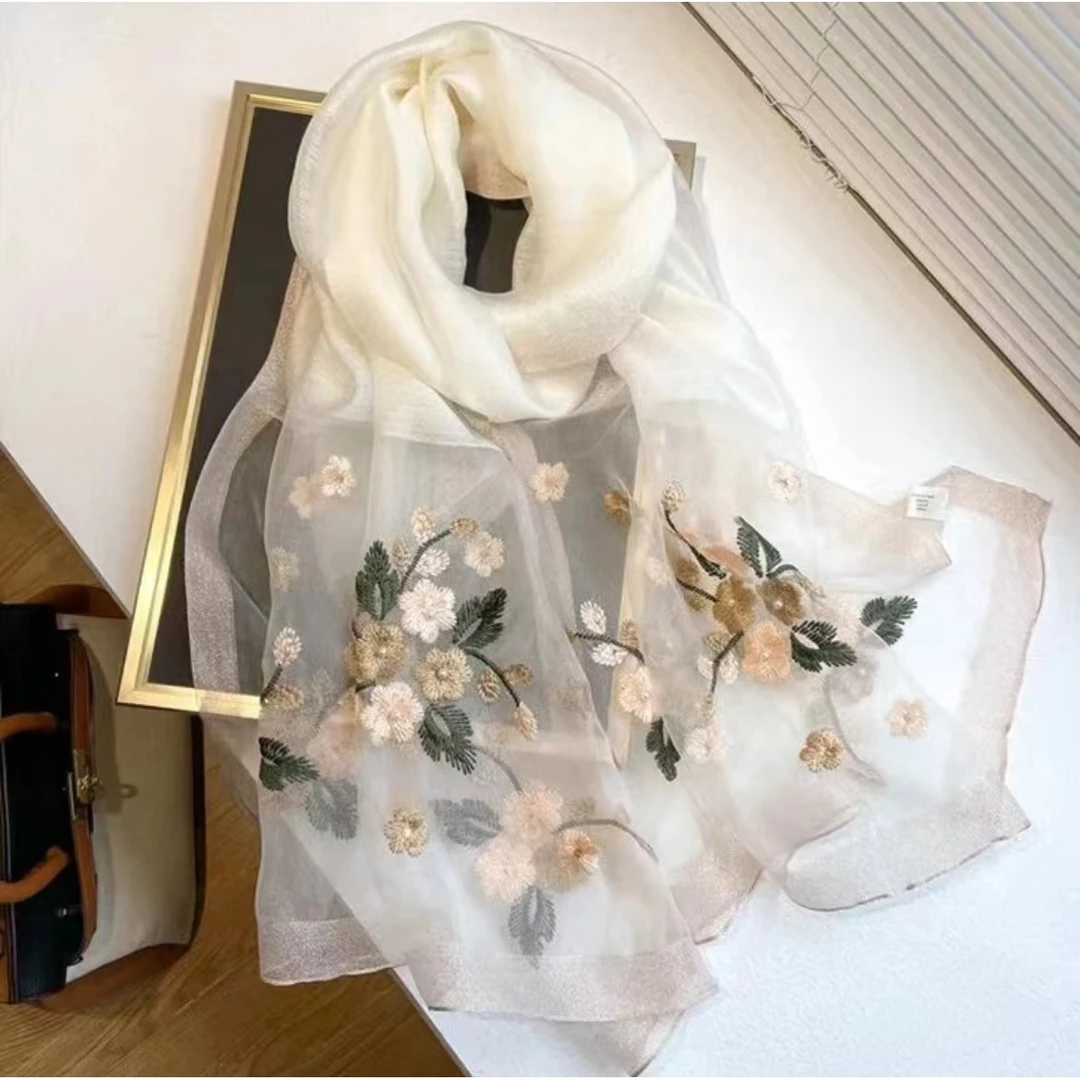 A801【白色海棠花】蚕丝刺绣轻奢高定丝巾披肩75*175